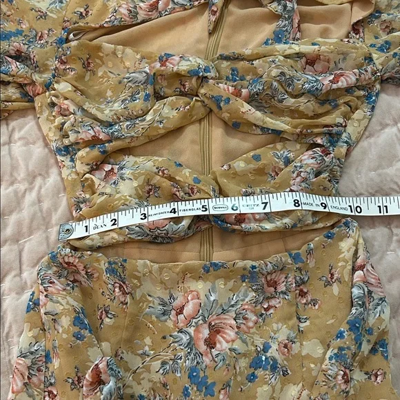 Sabo Keisha Floral Mini Dress Beige Peep Front Puff Sleeve Party SIZE XXS - Picture 6 of 10